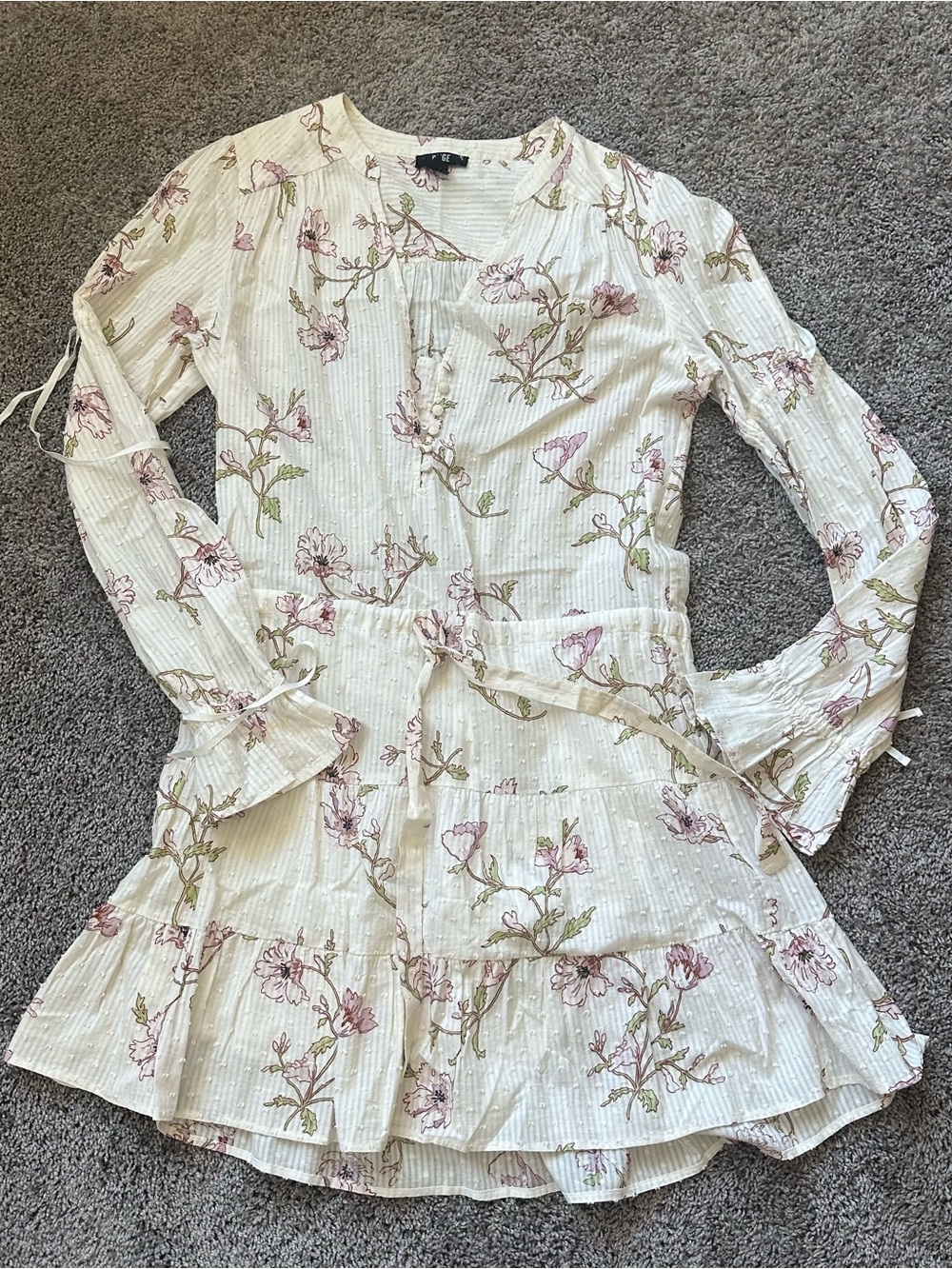 PAIGE Cream Yardley Poppy Cotton Floral Long Sleeve Tiered Mini Dress